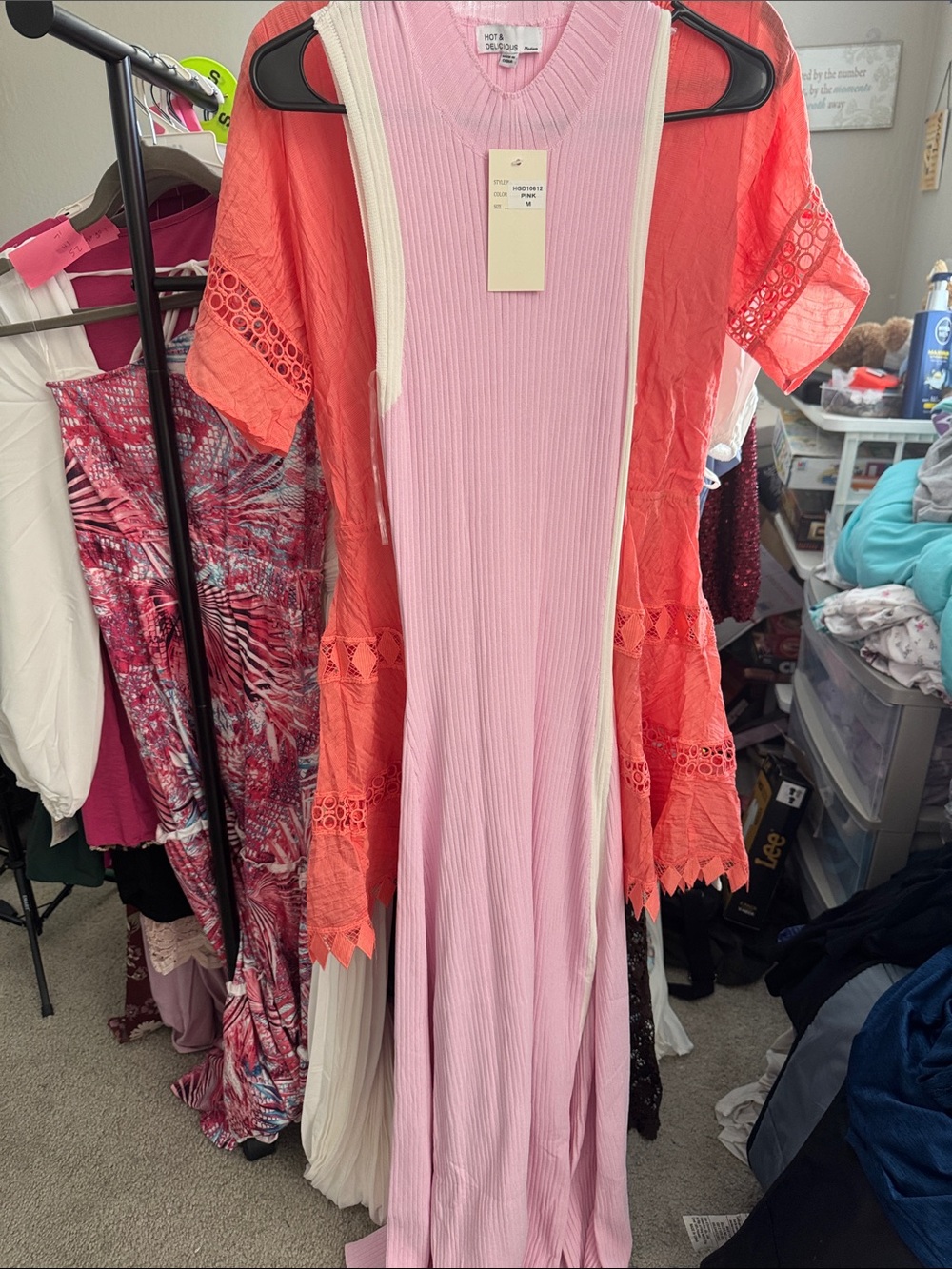Hot & Delicious Pink Ribbed Maxi Dress with Coral Lace Overlay